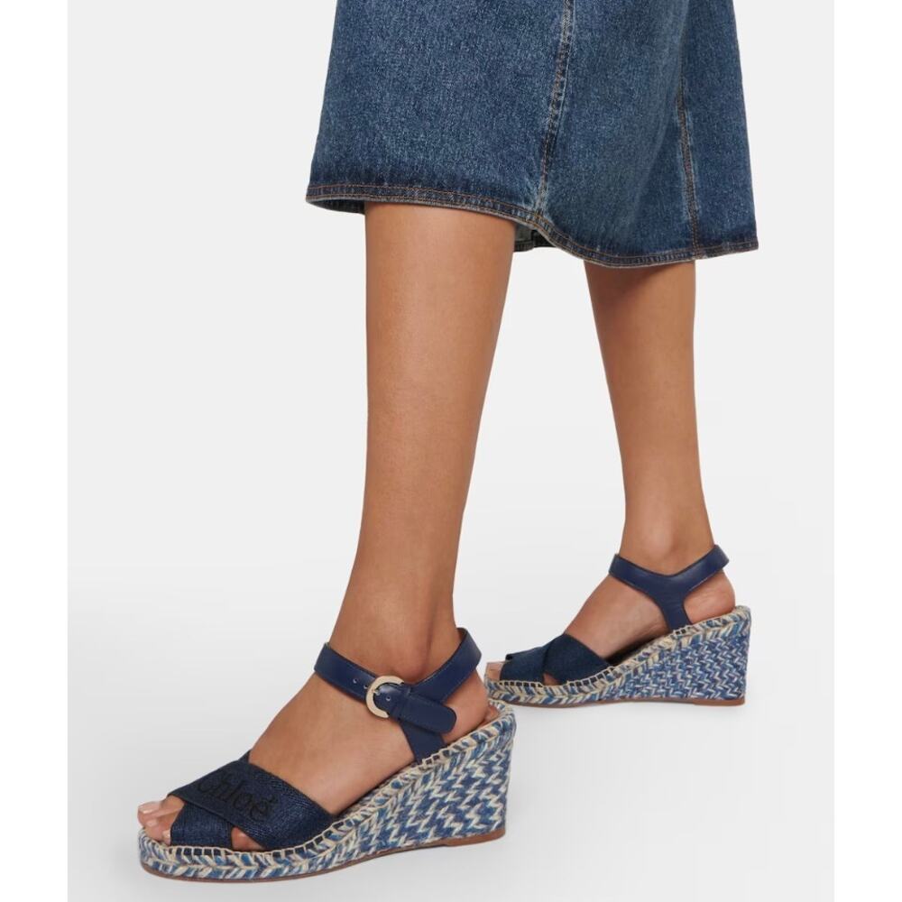 Chloe Piia Denim Logo‎ Espadrille Wedge Sandals with Leather Straps Size 36